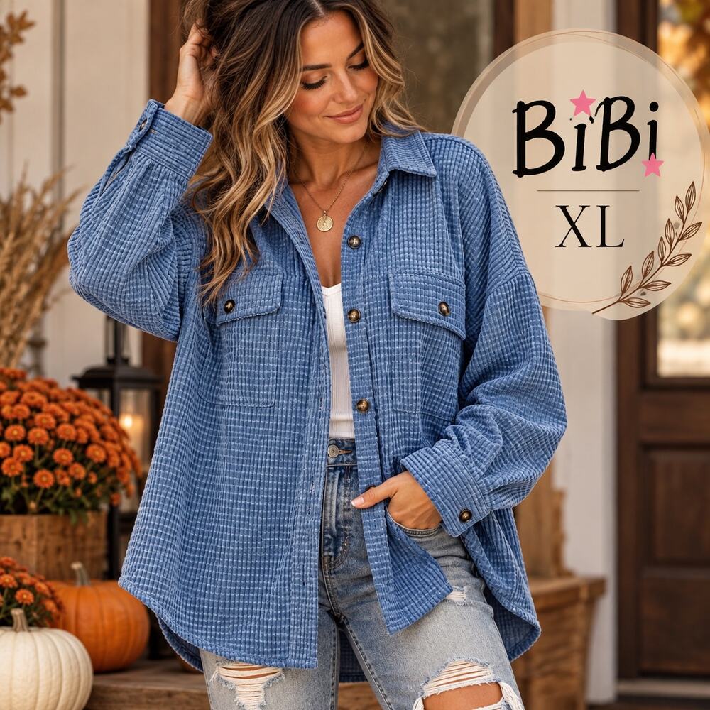 New BiBi Waffle Knit Shacket XL Blue Velvet Oversized Button Casual Fall Fashion